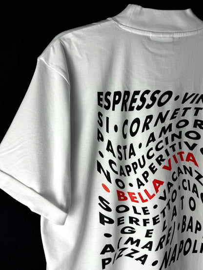 Italienische Mode, T-Shirt "bella vita" mit umgeschlagenem Ärmel